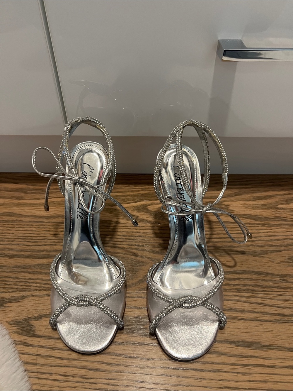 L'INTERVALLE Silver Rhinestone Lace-Up Stiletto Sandals